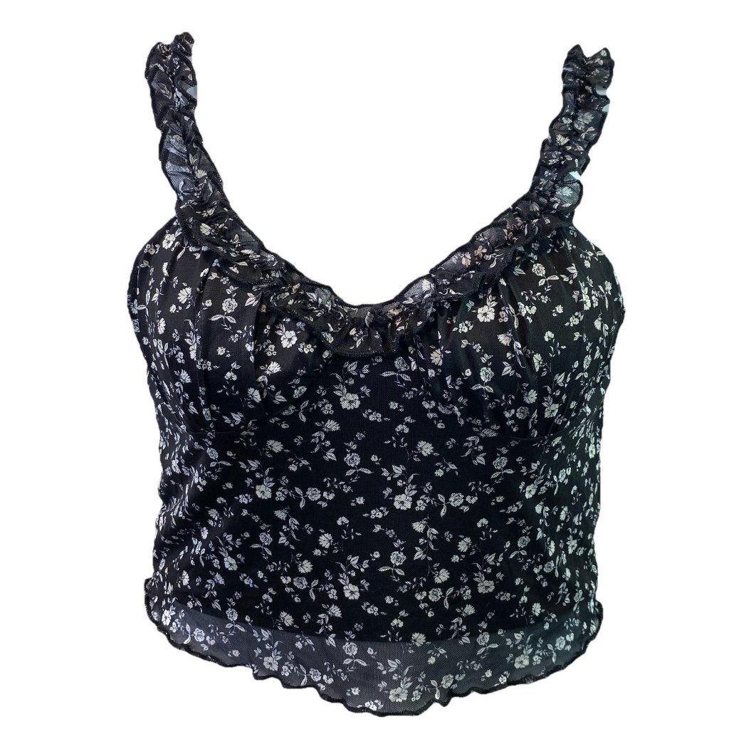 Stitch & Pine Tank Top Black Floral Crop Ruffle Trim Boho Y2k Cottage Core Sz L